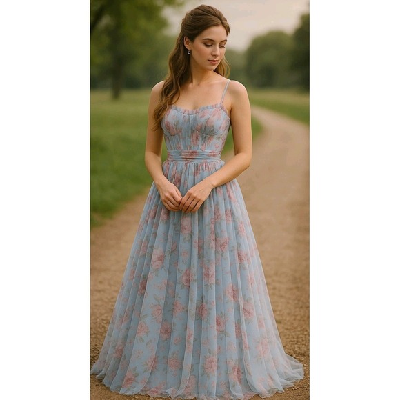 City Studios Dresses & Skirts - Fairy Corset Gown 7/8‎ Coquette Tulle Maxi Dress Floral Mesh Prom Ethereal Blue